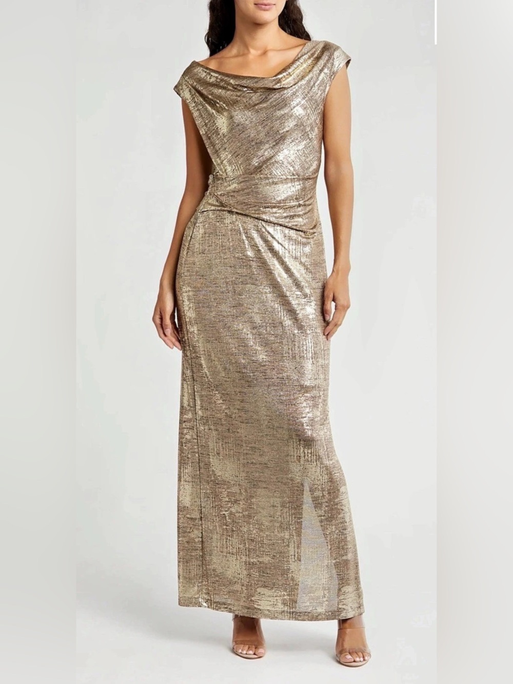 Connected Apparel Metallic Cowl Neck Sleeveless Gown Gold Maxi Dress